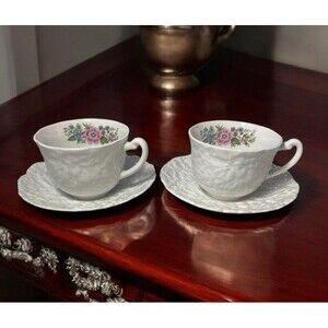 VTG Royal Cauldon Cup Saucer Set Of 2 Embossed Flowers Pink Blue Design England